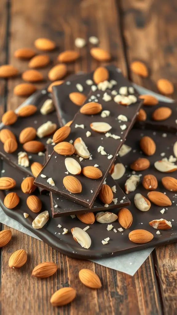 Dark chocolate almond bark with whole and chopped almonds on a wooden surface