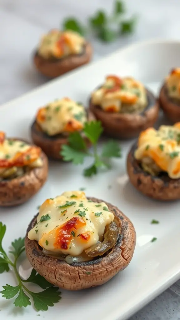 A platter of savory stuffed mushrooms topped with cheese and herbs.
