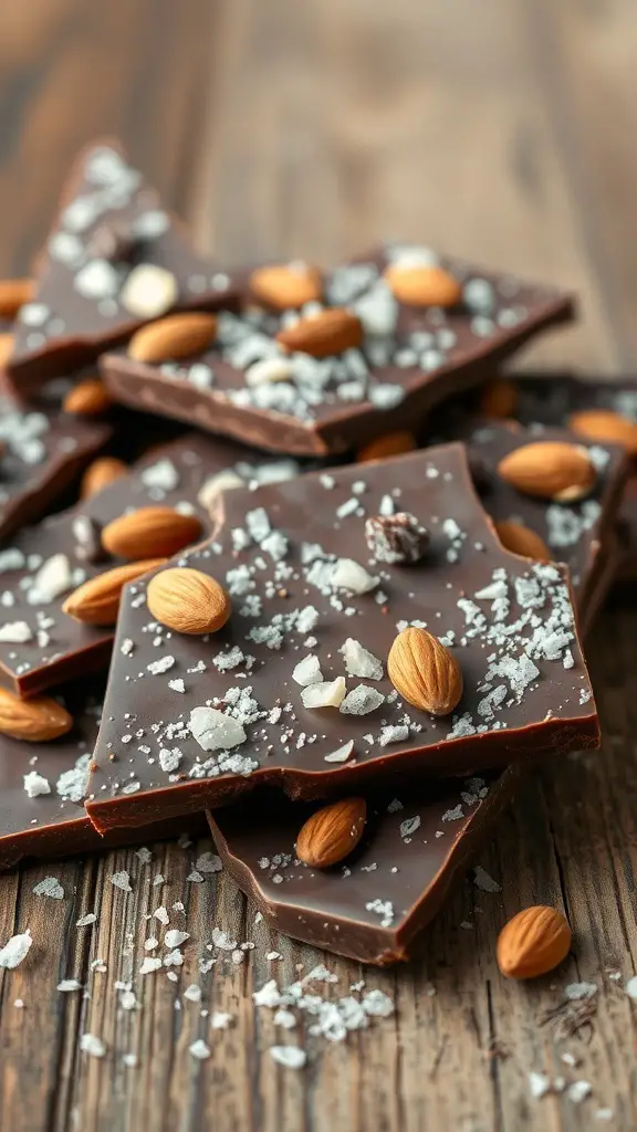 Chocolate almond bark with sea salt on a wooden surface