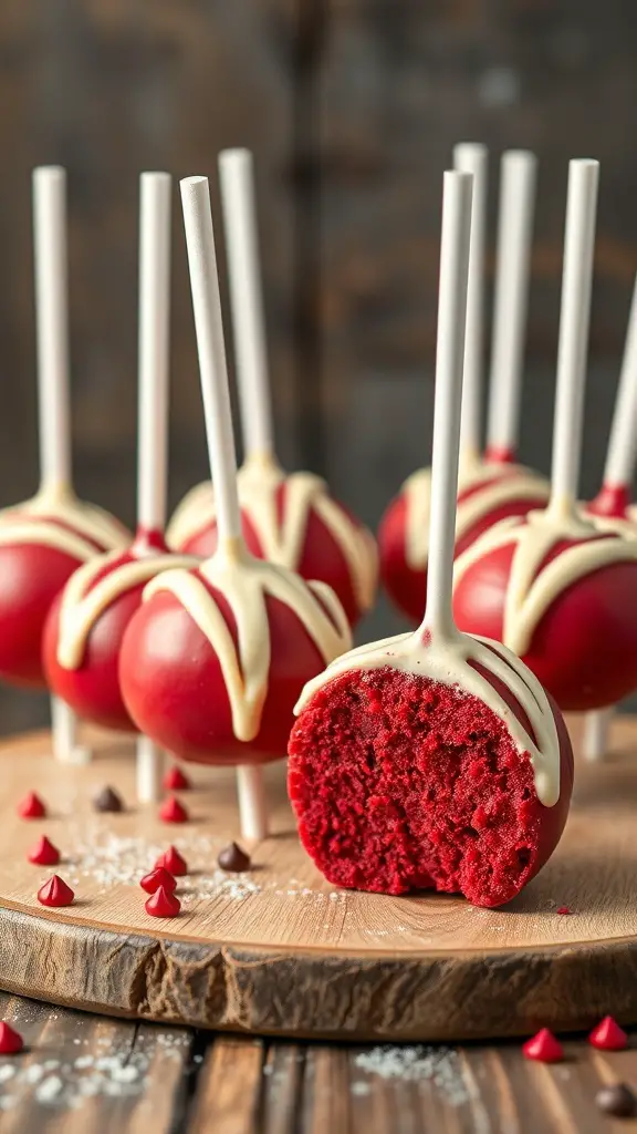 A close-up of red velvet cake pops with cream cheese frosting, some cut in half, showcasing the moist interior.