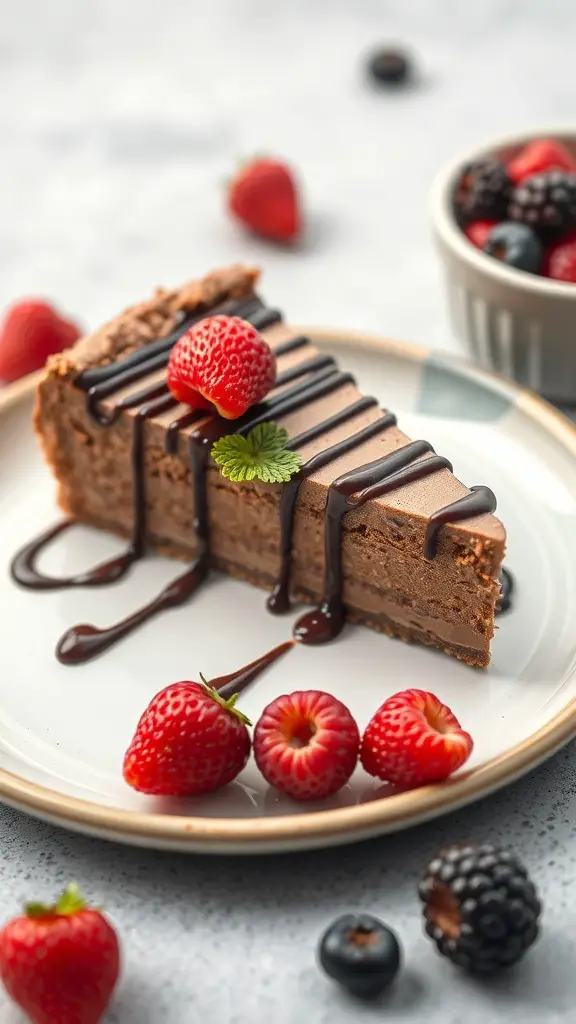 A slice of rich no-bake chocolate cheesecake topped with strawberries and chocolate drizzle, served on a plate.