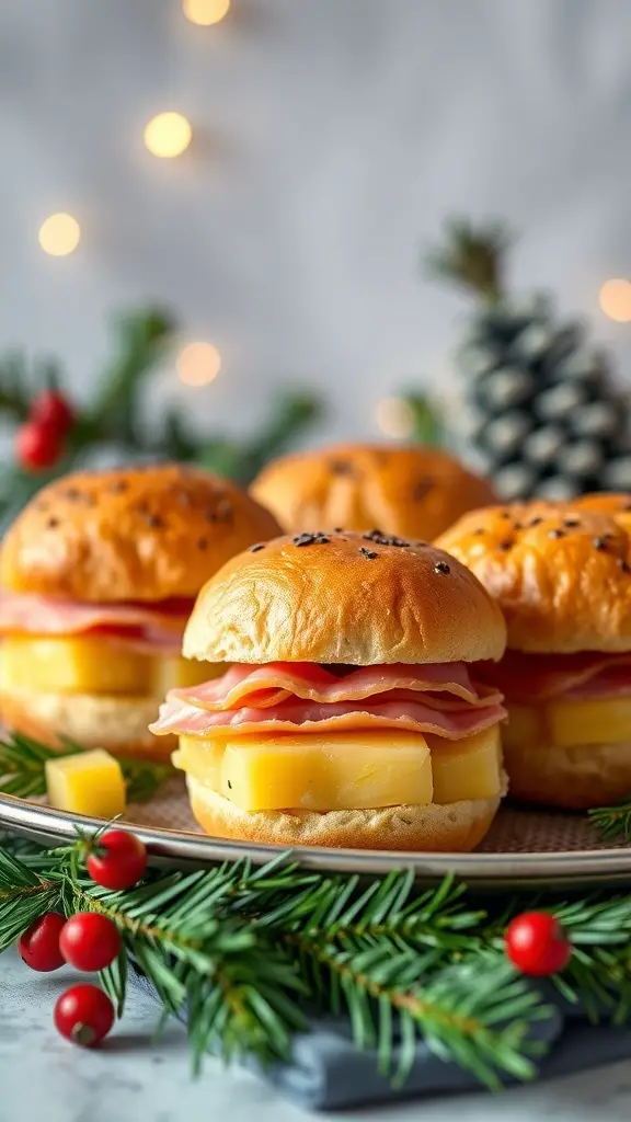 A plate of Pineapple and Ham Breakfast Sliders with festive decorations.