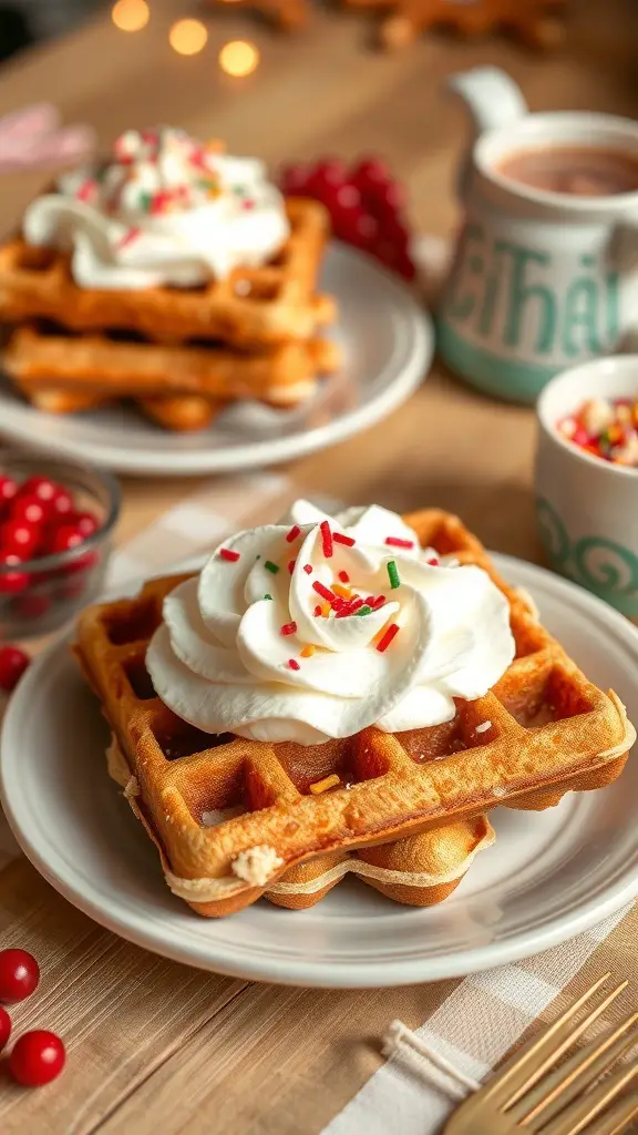 Gingerbread waffles topped with whipped cream and colorful sprinkles, served with a side of hot cocoa.