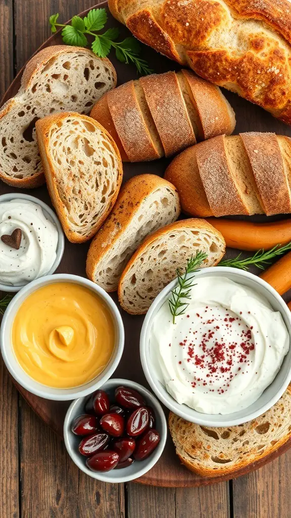 A selection of artisan breads and various spreads on a wooden platter.