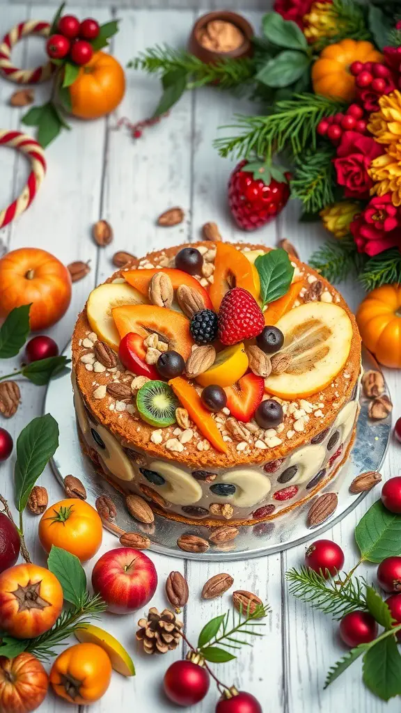 A beautifully decorated fruit and nut cake surrounded by fresh fruits and festive decorations.