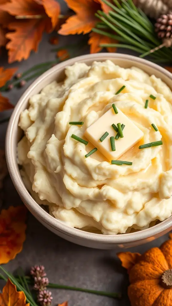 A bowl of creamy garlic mashed potatoes topped with a pat of butter and chives, surrounded by autumn leaves and decorations.