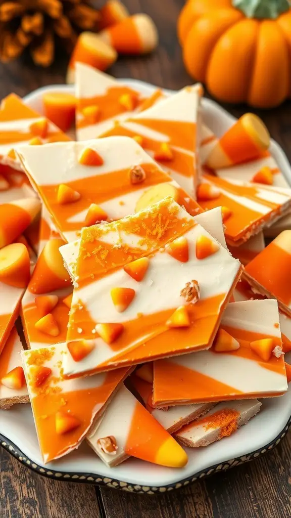 A plate of Candy Corn Delight Cracker Bark with colorful toppings.