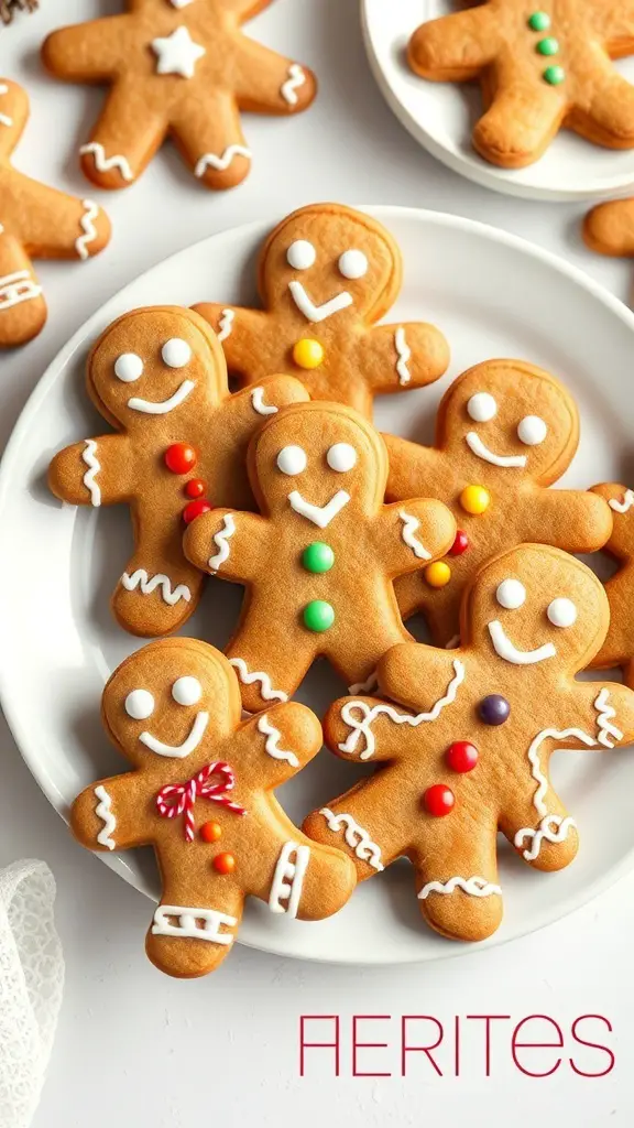 A plate of decorated gingerbread men cookies with colorful icing and candy.