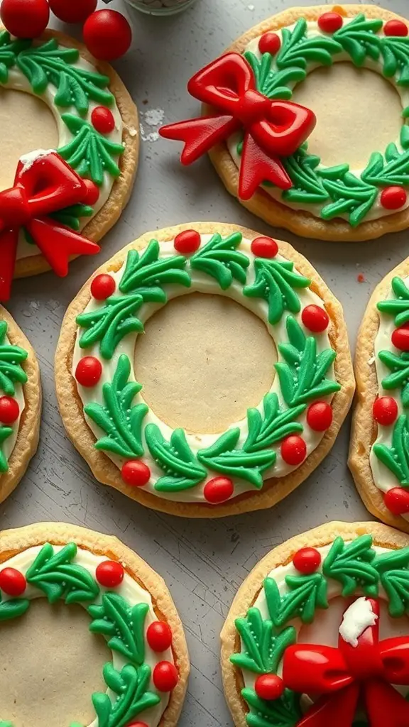 Decorated holiday wreath cookies with green icing and red bows