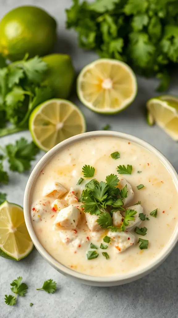 A bowl of creamy crab chowder garnished with cilantro, surrounded by limes and fresh herbs.