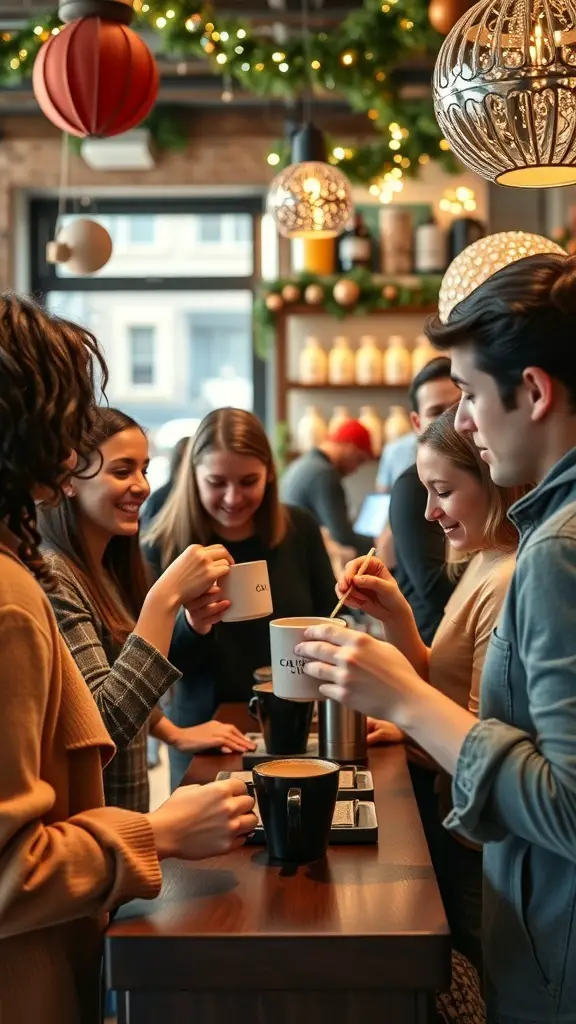 A group of friends enjoying coffee at a festive coffee bar decorated for Christmas.