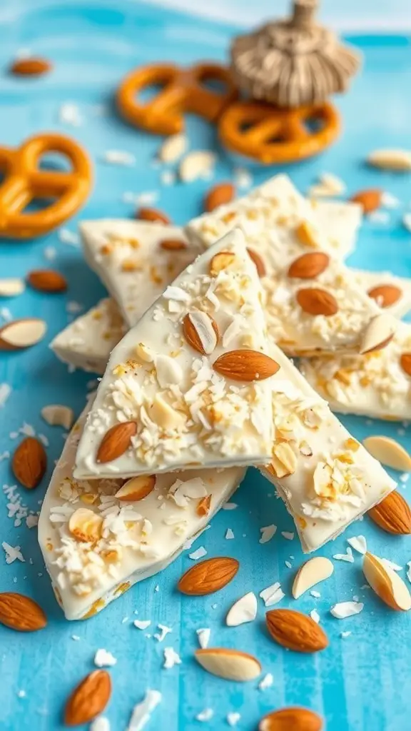 Coconut Almond Pretzel Bark with pretzels and almonds