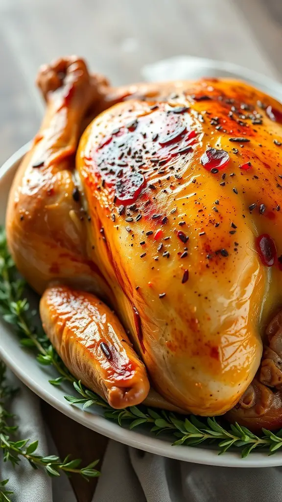 A beautifully roasted turkey with garlic and herb butter, garnished with fresh herbs.