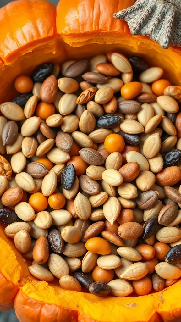 A colorful mix of pumpkin seeds and nuts inside a carved pumpkin