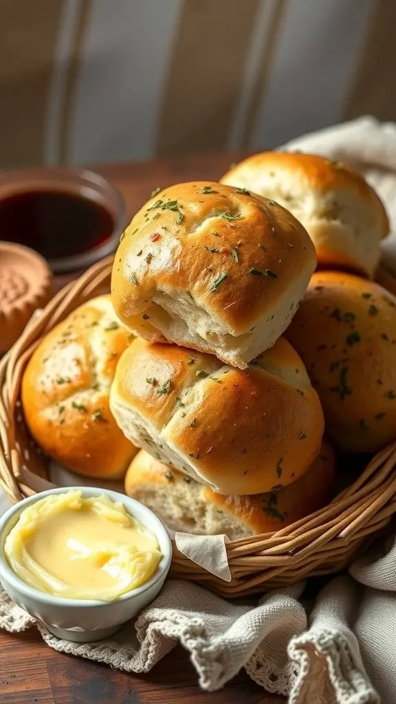A basket of garlic butter dinner rolls with a small dish of butter on the side