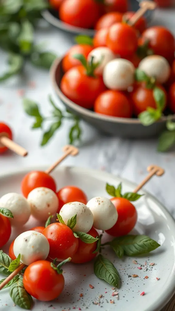 Mini Caprese skewers with cherry tomatoes, mozzarella balls, and basil leaves on a plate