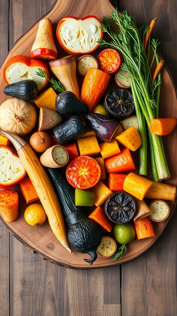 A colorful assortment of root vegetables including carrots, sweet potatoes, and beets arranged on a wooden platter.