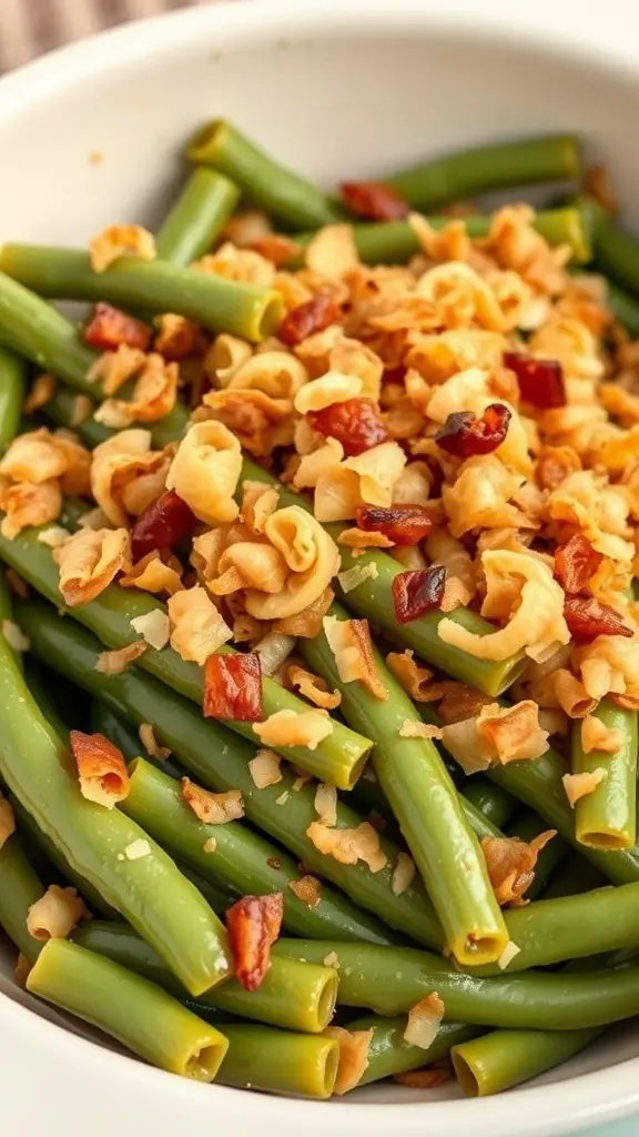 A bowl of green bean casserole topped with crispy onions and bacon.