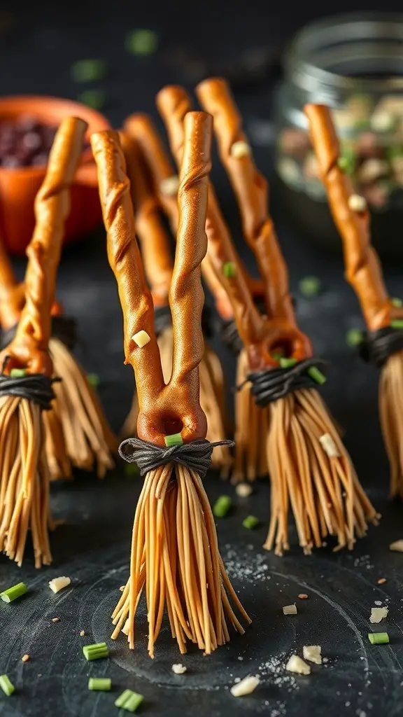 A display of Witch's Broomstick Pretzels made with pretzel rods and candy, tied with black string.