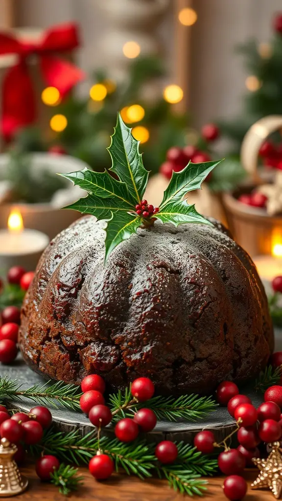 A traditional Christmas pudding decorated with holly and surrounded by festive decorations.