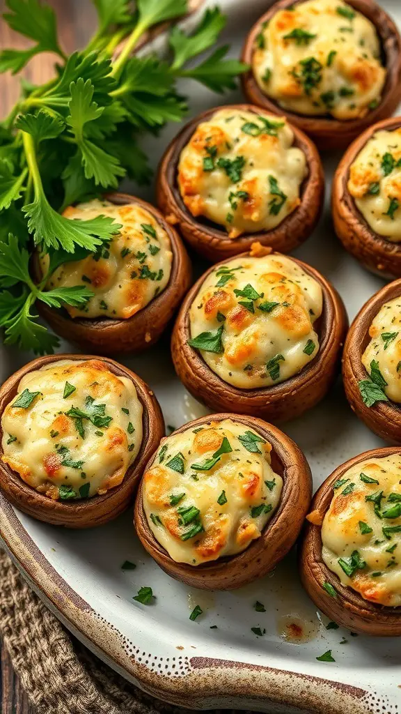 A plate of savory stuffed mushrooms topped with herbs