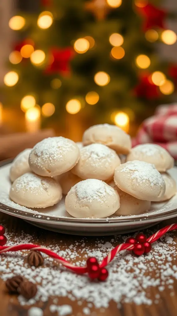 A plate of soft almond cookies dusted with powdered sugar, with a Christmas tree in the background.