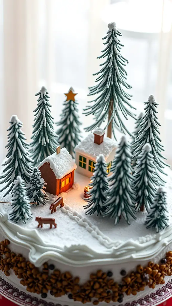 A beautifully decorated cake featuring a winter forest scene with trees and houses.