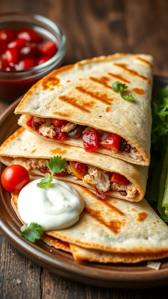 Delicious turkey and cranberry quesadillas served with sour cream and cherry tomatoes.