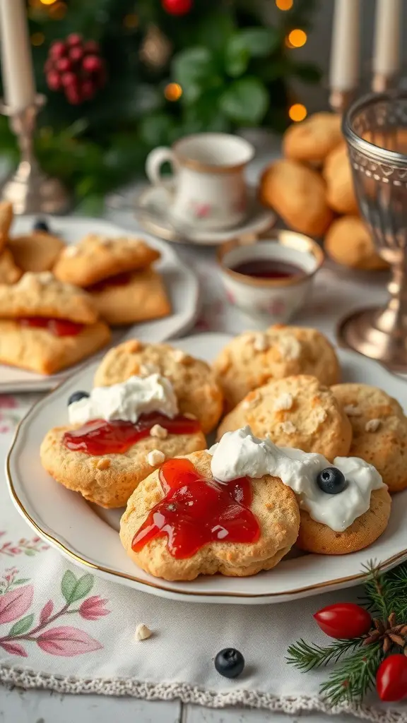 A plate of scones topped with jam and whipped cream, surrounded by biscuits and a cup of tea, set in a festive atmosphere.