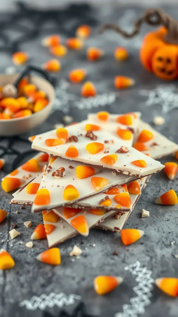 Candy Corn Delight Chocolate Bark with candy corn and nuts on a dark background