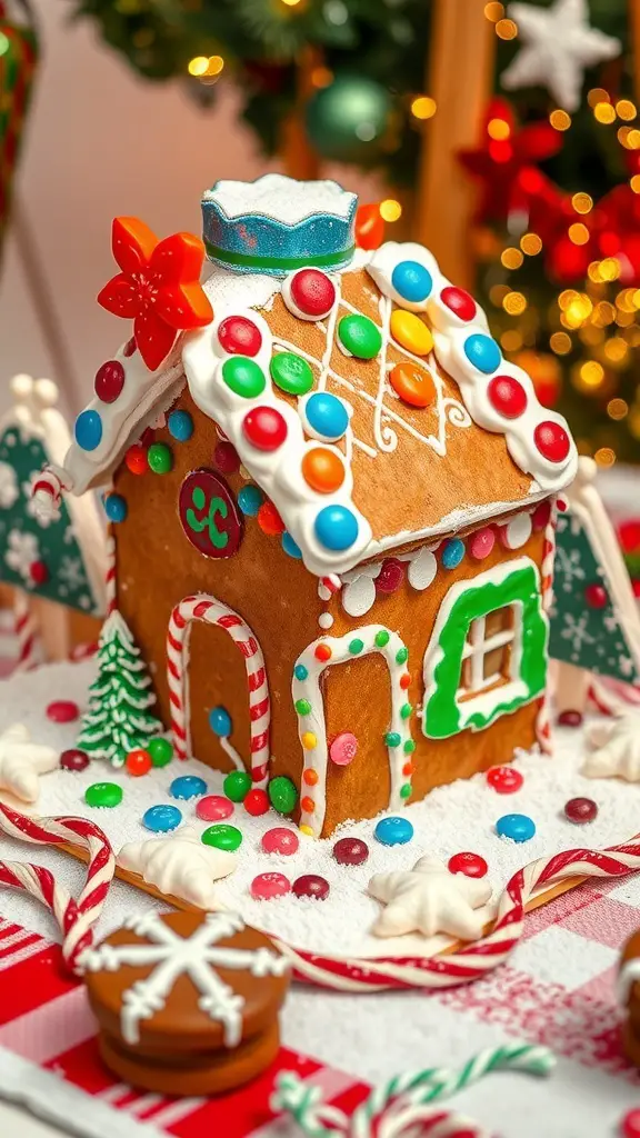 A colorful gingerbread house decorated with candies and icing, set against a festive background.