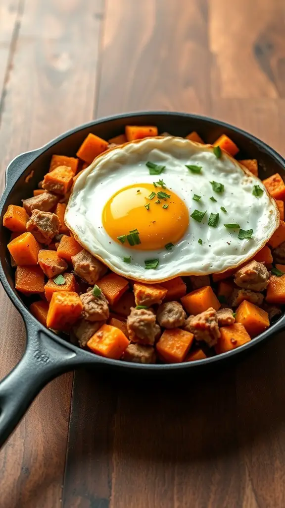 A skillet filled with turkey and sweet potato hash topped with a fried egg.