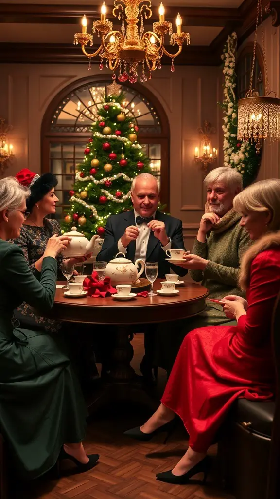 A festive tea party scene with guests in elegant attire, surrounded by Christmas decorations.