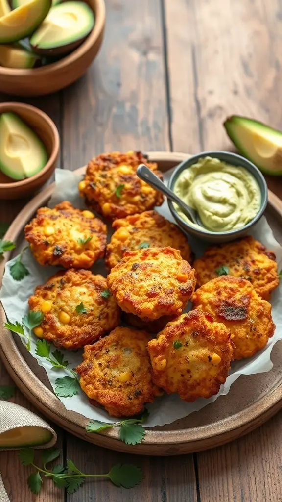 A plate of golden paneer and corn fritters served with a creamy avocado dip, garnished with fresh cilantro.