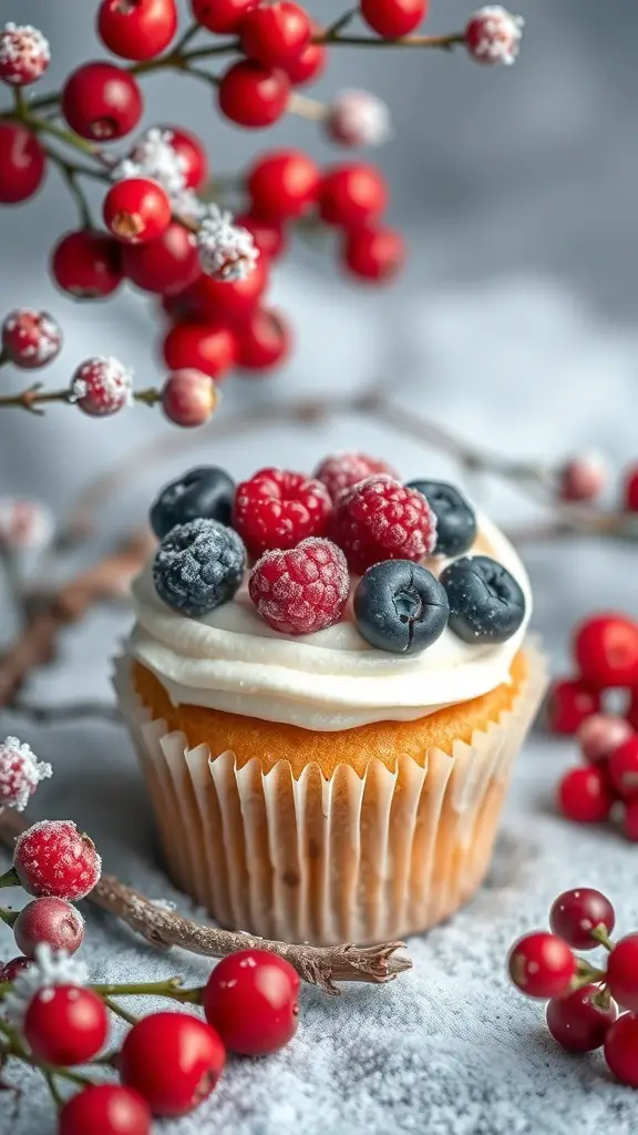 A cupcake topped with fresh raspberries and blueberries, surrounded by winter berries.