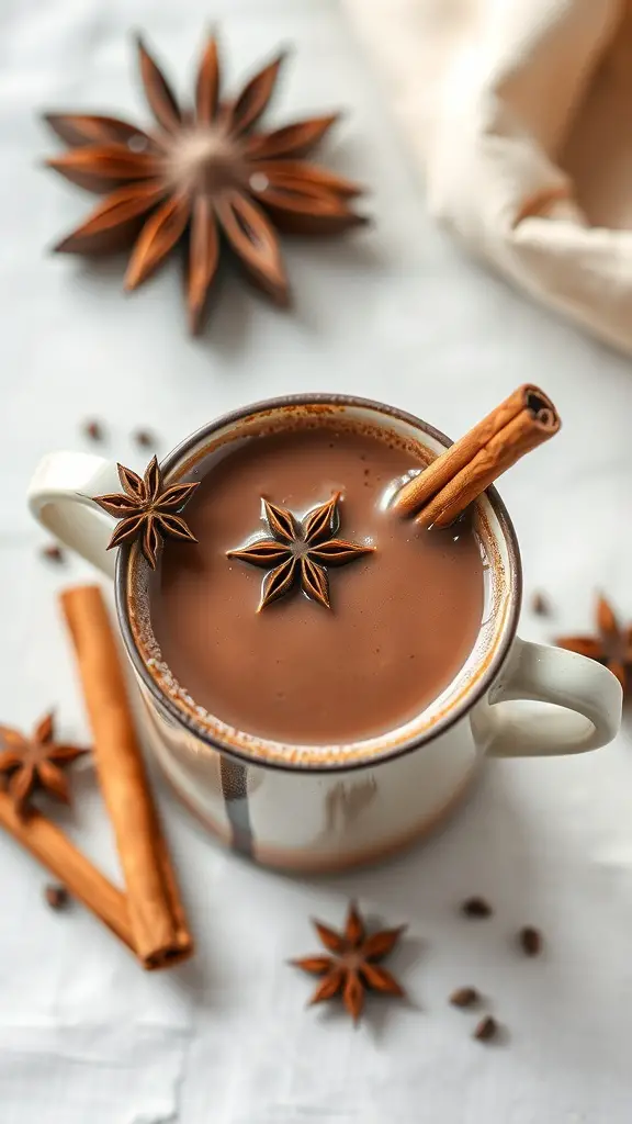 A cup of spiced hot chocolate garnished with star anise and a cinnamon stick, surrounded by additional star anise and cinnamon sticks.