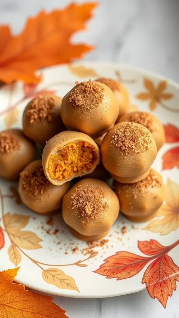 A plate of pumpkin spice truffles topped with crushed cookies, surrounded by autumn leaves.