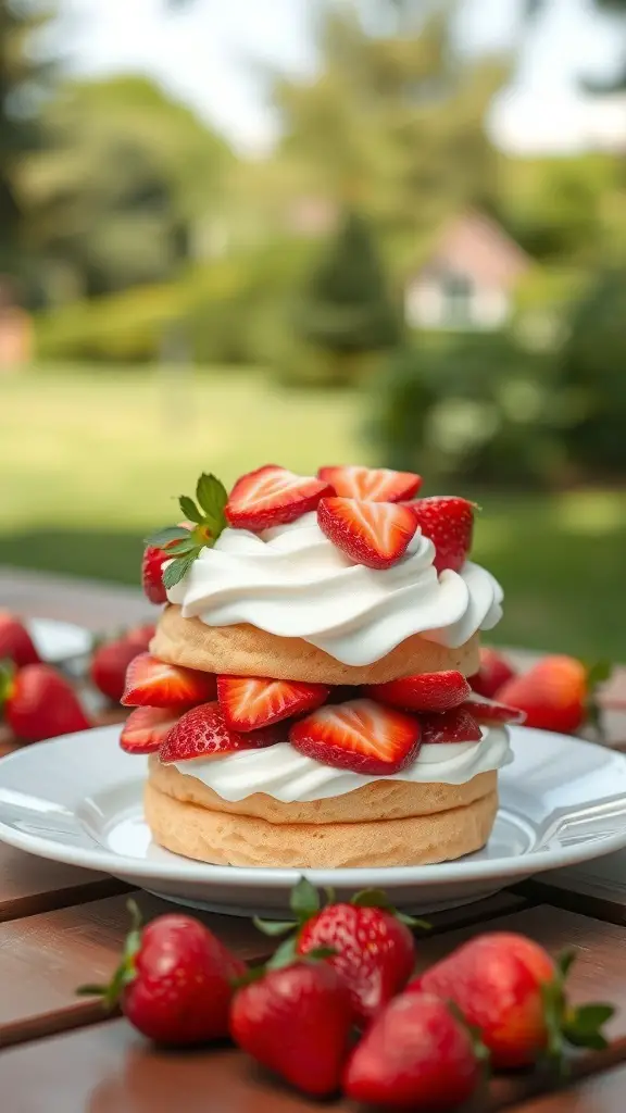 A beautiful strawberry shortcake with layers of sponge, whipped cream, and fresh strawberries, set outdoors.