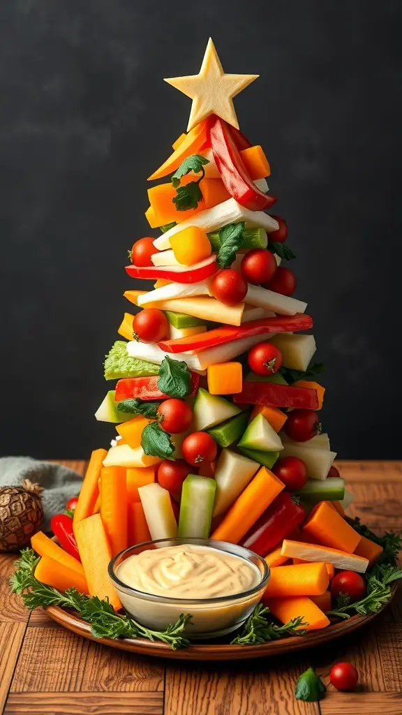 A colorful veggie platter shaped like a Christmas tree, topped with a star and surrounded by a bowl of dip.