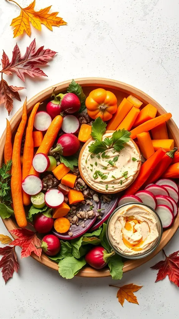 A colorful autumn vegetable platter featuring carrots, radishes, bell peppers, and dips.