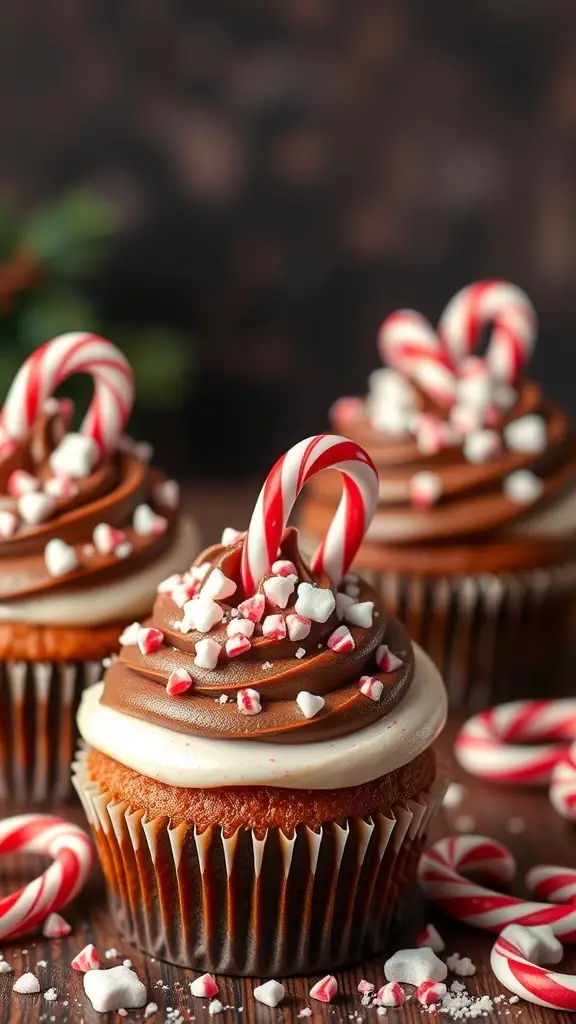 Peppermint mocha cupcakes topped with chocolate frosting, crushed candy canes, and mini candy canes