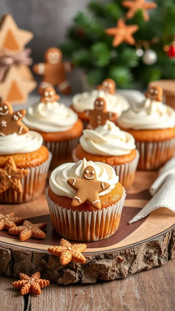 Gingerbread spice cupcakes with frosting and gingerbread cookie decorations