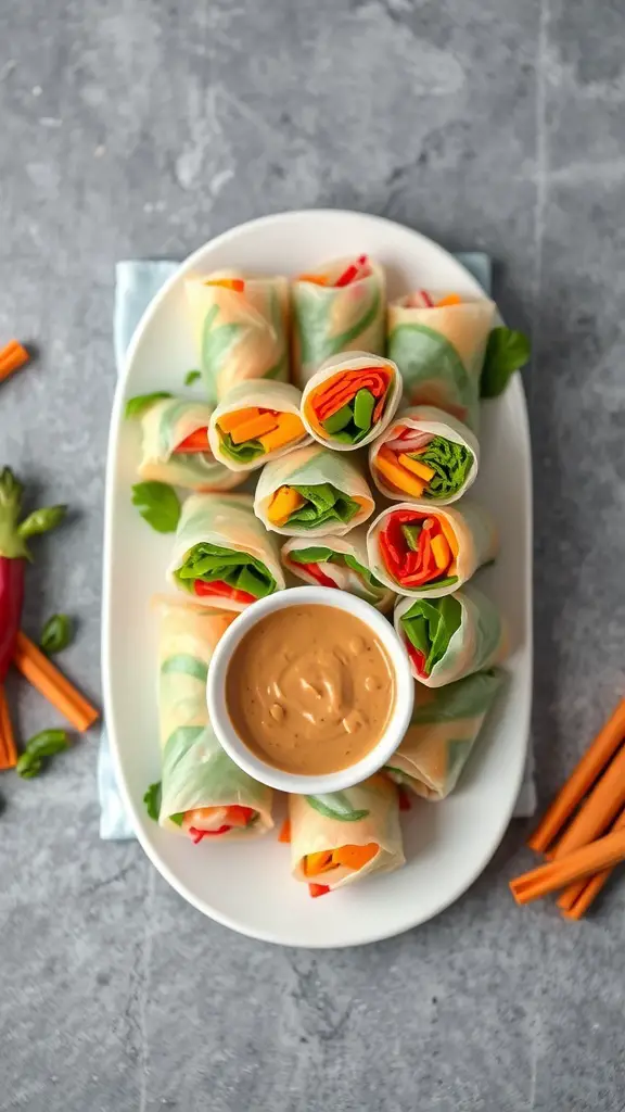 A platter of vegetable spring rolls with a bowl of peanut dipping sauce.