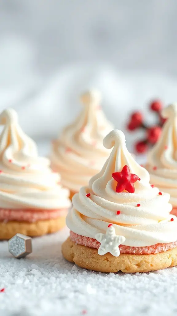 A close-up of Santa Hat Meringue Cookies decorated with red stars and sprinkles.