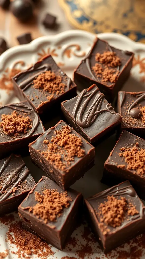 A plate of rich dark chocolate fudge squares topped with cocoa powder.