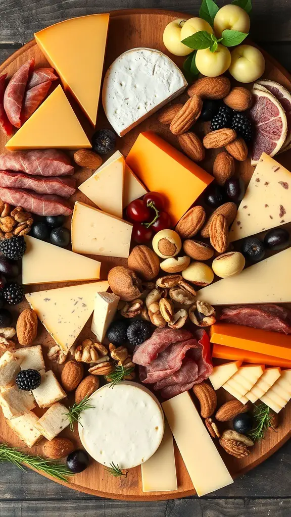 A beautifully arranged cheese and charcuterie board featuring various cheeses, cured meats, nuts, and fruits.