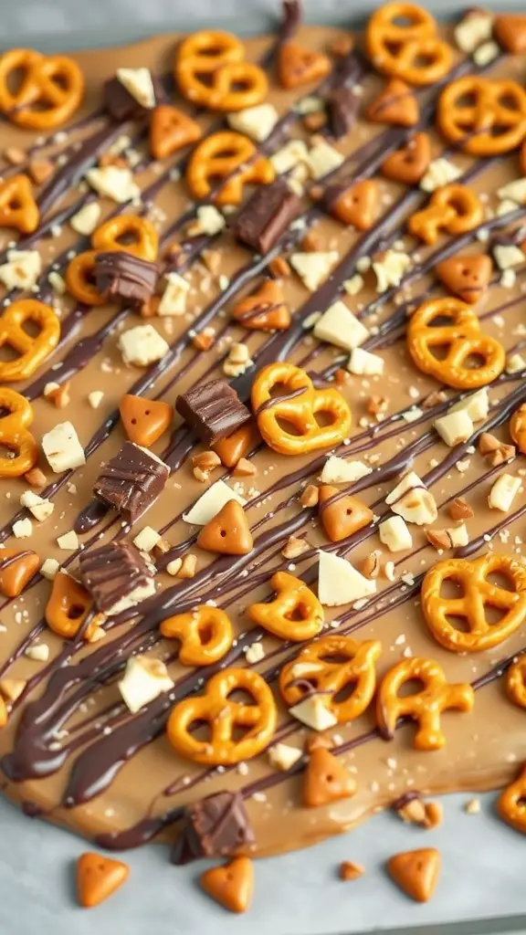 Delicious salted caramel pretzel bark topped with pretzels and chocolate drizzle.