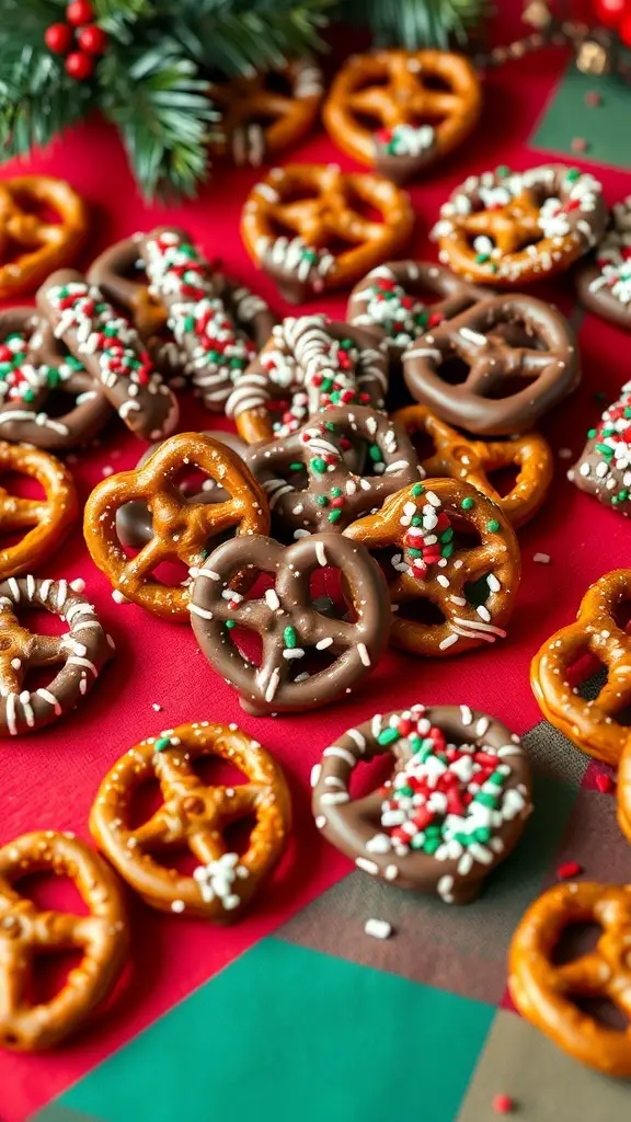 A variety of chocolate-dipped pretzels decorated with sprinkles on a festive red background.
