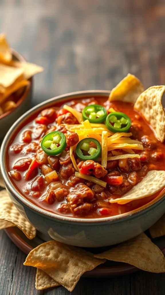A bowl of spicy chili con carne topped with jalapeños and cheese, served with tortilla chips.