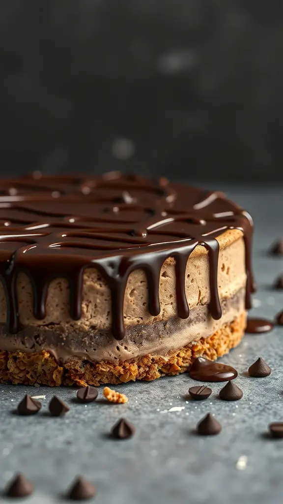 A dark chocolate cheesecake topped with chocolate ganache and surrounded by chocolate chips.